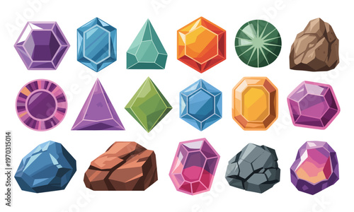 Colorful gemstones and rocks isolated on white background for design