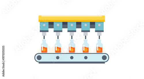A yellow and blue bottle filling machine precisely dispenses orange liquid into five clear bottles on a gray conveyor belt against a white background.