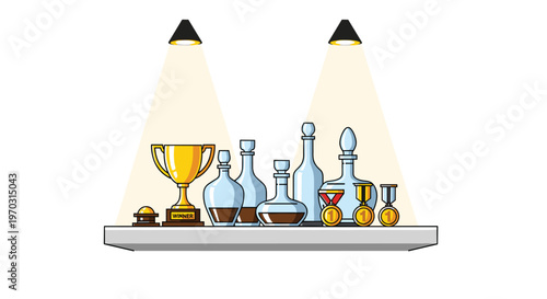 A golden trophy, multiple glass decanters with brown liquid, and three gold medals are neatly arranged on a gray shelf, illuminated by two spotlights against a white background.