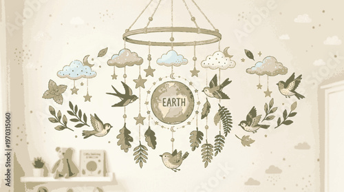 Earth mobile with clouds birds and leaves hanging in a nursery room with a shelf