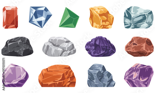 Colorful gemstones and rocks isolated on white background for design