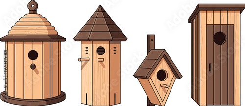 Wooden Birdhouse Set with Various Roof Designs for Outdoor Gardens, Wildlife, and Nature Conservation Projects