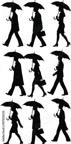 Silhouettes of business people walking with umbrellas in rain, elegant urban commuters, black isolated figures, fashion lifestyle, corporate city scene