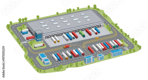 An isometric illustration showcases a large gray warehouse with many colorful trucks in a parking lot surrounded by greenery.