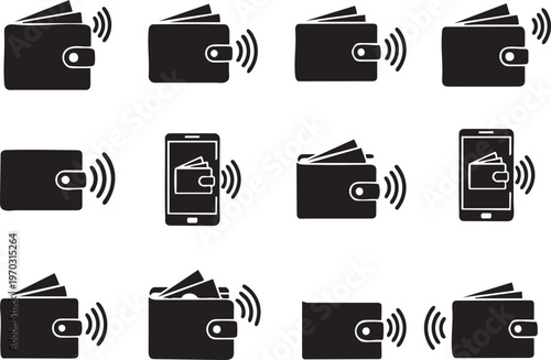 NFC Wallet and Mobile Payment Icon Set, Vector Silhouette for Banking