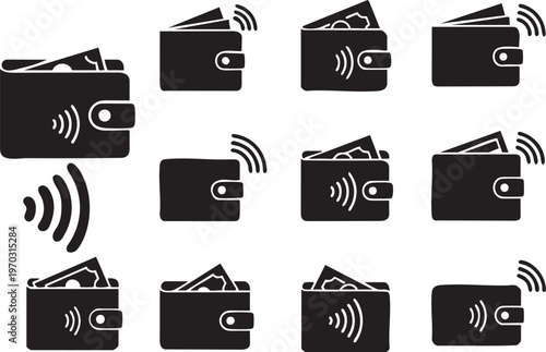 NFC Wallet and Contactless Payment Icon Set, Silhouette for Banking