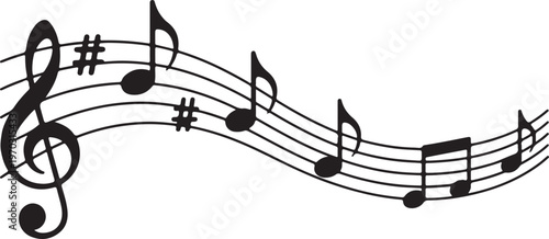 Composition Featuring Treble Clef Waving Staff Black Musical Notes and Sharp Symbols