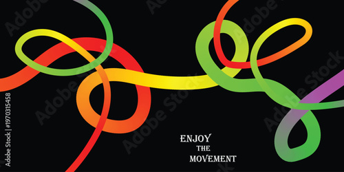Vibrant, flowing lines in a spectrum of colors against a dark background with the inspiring phrase 'Enjoy the Movement' - a symbol of dynamism and progress