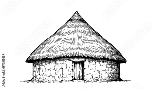 African Village House Sketch Thatched Roof Black White Vector Illustration