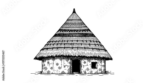 African Village Huts Sketch Rural Architecture Black White Vector Illustration