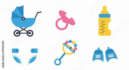 Baby items vector set includes stroller pacifier bottle diaper rattle shoes isolated