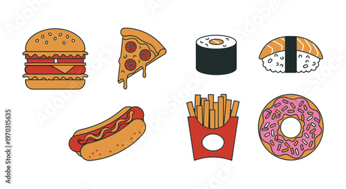 Assorted fast food illustration collection burger pizza sushi fries donut