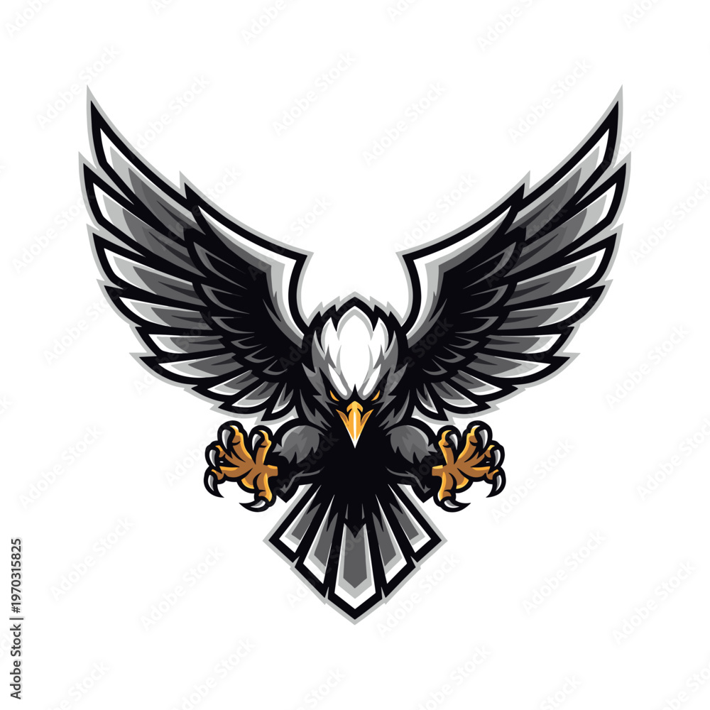 Obraz premium A powerful and aggressive stylized eagle mascot with spread wings, sharp talons, and a fierce expression, rendered in black, white, grey, and gold.
