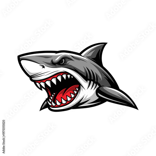 Aggressive great white shark mascot illustration with open mouth and sharp teeth.