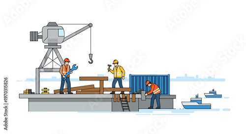 Minimal flat vector illustration of workers repairing dock structures and equipment at the harbor, simple industrial shapes, modern flat design, white background