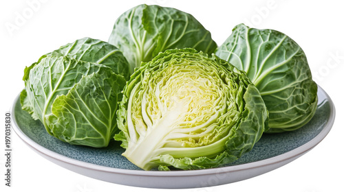 Whole and halved cabbage heads on plate over transparent background, fresh green vegetable concept.