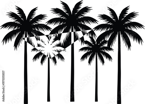 tropical, palm, trees, silhouette, island, beach, summer, vacation, exotic, nature, paradise, black, design, graphic, sunset, coastal, travel, minimal, vector, background