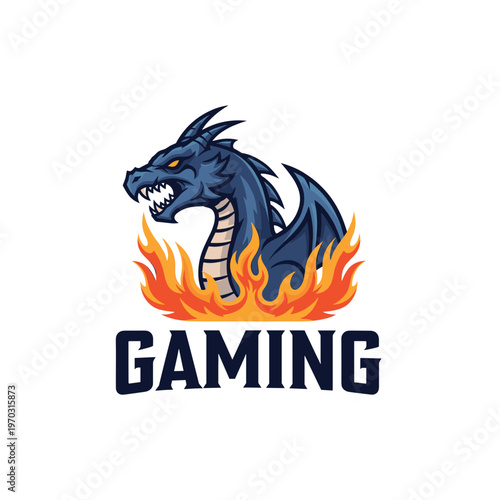 A fierce blue dragon with yellow eyes and sharp teeth, emerging from vibrant orange flames, with the word 'GAMING' in bold letters below, designed as an esports or gaming logo.
