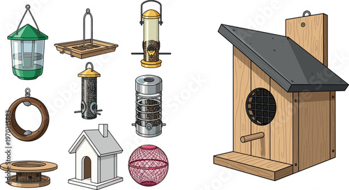 Bird Feeder and Wooden Birdhouse Set with Various Designs for Outdoor Garden, Wildlife, and Nature Conservation Projects