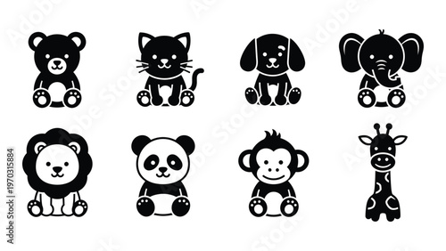 A collection of adorable black silhouette animal icons featuring a bear cat dog elephant lion panda monkey and giraffe high quality