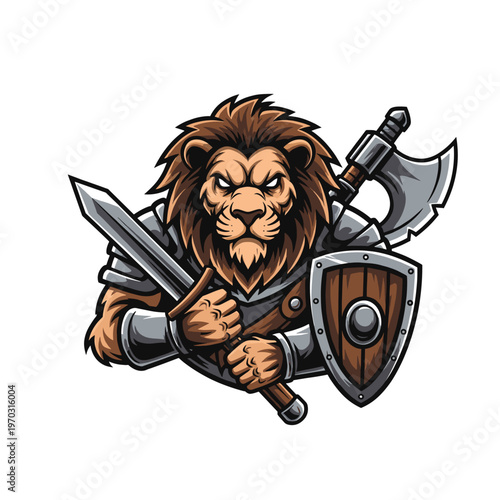 A fierce warrior lion with a sword, axe, and shield, depicted in a powerful stance.