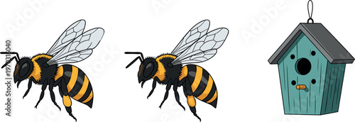 Bee and Birdhouse Set with Yellow and Black Insects and Green Wooden House for Garden and Wildlife Conservation Projects