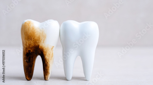 Two tooth models side by side, one appearing healthy and white, the other showing severe staining and decay