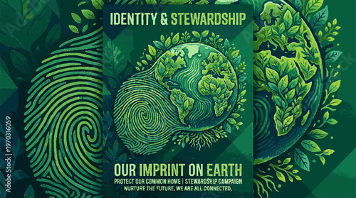 Earth's green fingerprint with leaves and globe symbolizing identity and environmental stewardship