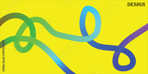 Vibrant yellow backdrop featuring a complex web of flowing, multi-color gradient ribbons, creating an energetic and modern artistic design