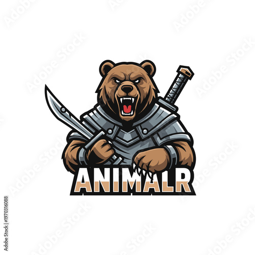 A fierce warrior bear wearing armor and holding a sword, with the word ANIMALR below.