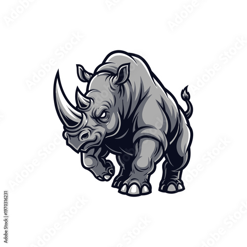 A fierce, charging rhinoceros with a determined expression and a powerful build.