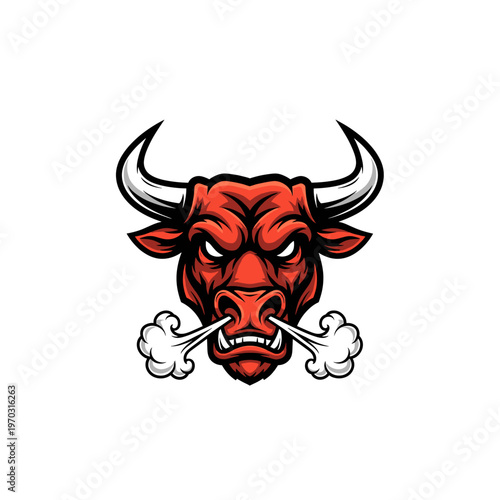 An angry red bull with steam coming out of its nostrils, depicted in a cartoonish style.