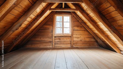 Empty wooden attic with exposed support beams and window, featuring wooden planks on the floor and walls