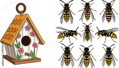 Floral Birdhouse and Bee Collection with Bright Yellow and Black Insects for Garden, Wildlife, and Nature Projects