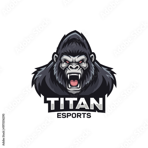 A fierce and powerful gorilla head logo with red eyes, roaring, featuring the text 'TITAN ESPORTS' below, designed for gaming teams.