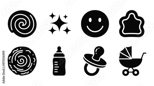 A collection of black silhouette icons depicting baby elements including spirals smiles bottles and a stroller high quality professional detailed modern