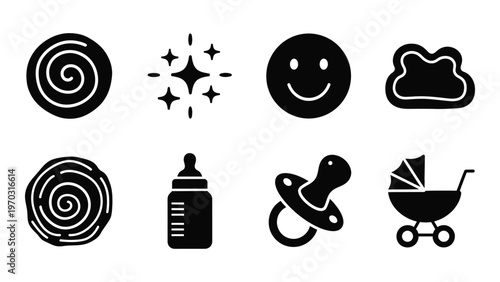 A collection of simple black silhouette icons depicting baby related items and whimsical shapes high quality professional detailed modern elegant stylish