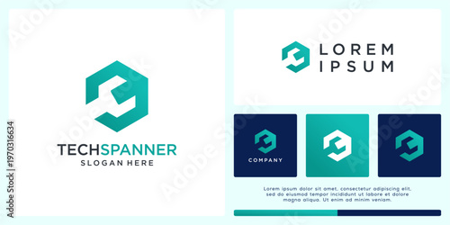 Tech spanner logo design template with hexagon