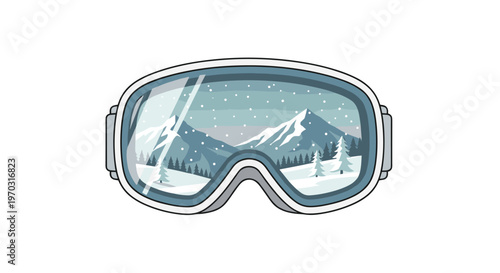 A pair of white-framed ski goggles reflects a snowy mountain landscape with evergreen trees and falling snowflakes on a white background.