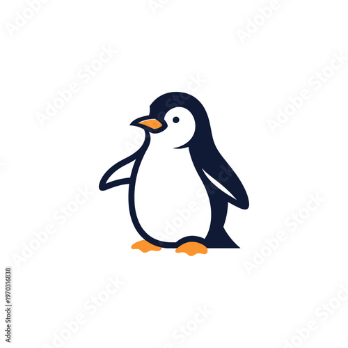A cute cartoon penguin with a dark blue back and white belly stands on a plain white background.