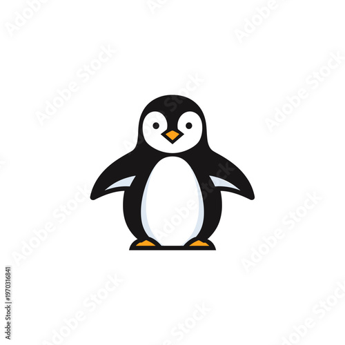 A cute and simple cartoon illustration of a black and white penguin standing upright with an orange beak and feet.