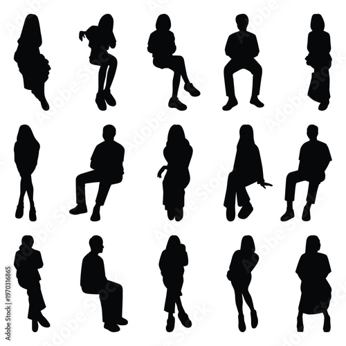 Vector collection set of sitting people silhouettes.	