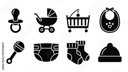 A collection of simple black silhouette icons representing various baby essentials and care items high quality professional detailed modern elegant stylish