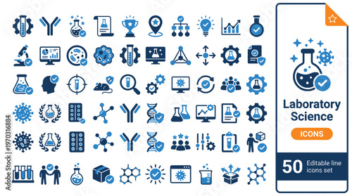 Laboratory Science Line Icons Set with Research, Chemistry, and Experiment Symbols