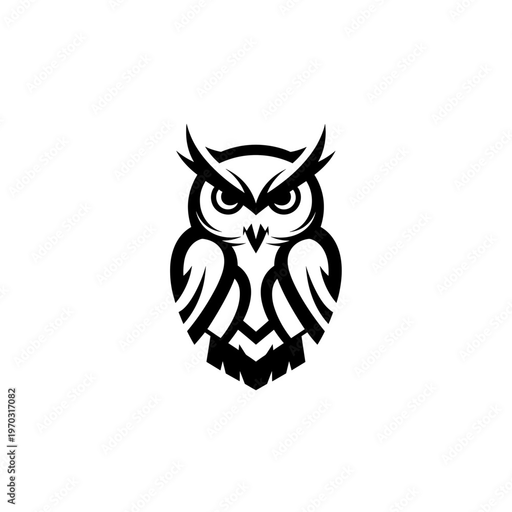 Fototapeta premium A stylized black and white illustration of an owl with sharp eyes and detailed feathers.