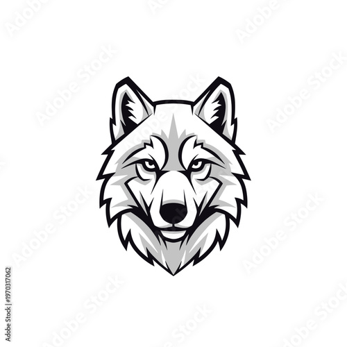 A striking black and white illustration of a wolf's head with intense eyes.