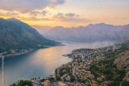 Φωτογραφία Boka Bay in Kotor, Montenegro at Sunset in Fall