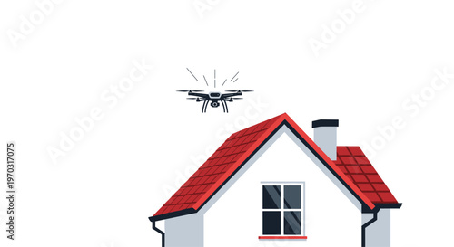 A black drone with glowing lights hovers above the red-tiled roof of a white house on a white background.