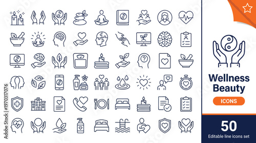 Wellness and Beauty Line Icons Set with Spa, Self Care, and Health Symbols