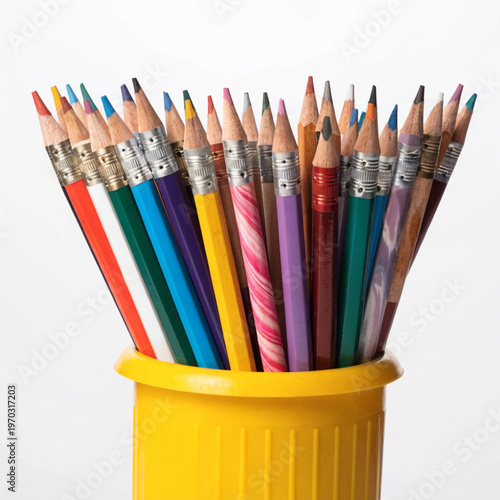 A collection of colored pencils stands upright in a bright yellow pencil holder against a clean white background